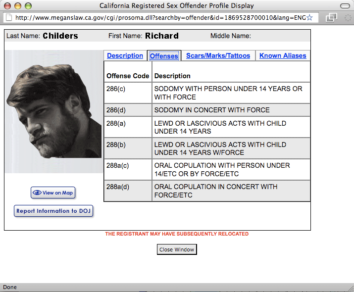 Richard Childers mobbing image #24 - forgery of Megan's Law online search results with Richard Childers' face superimposed