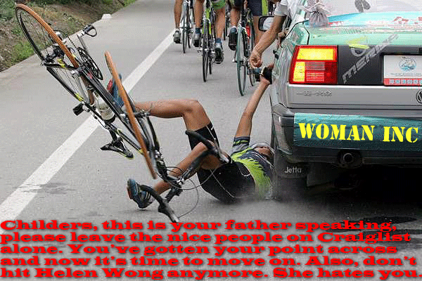 Richard Childers mobbing image #22 - photograph of bicyclist being run over by car with 'W.O.M.A.N., Inc' bumper sticker